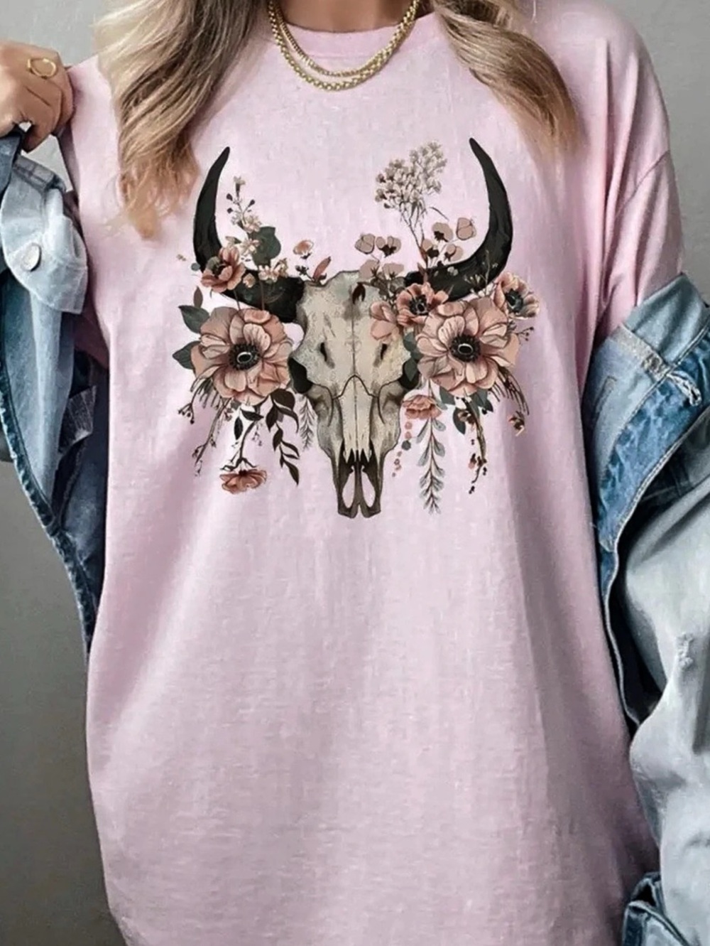 COLORBEAR Pink Floral Bull Skull Western Graphic Tee